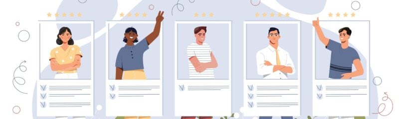 5 people each behind a text box that includes notes and a star rating